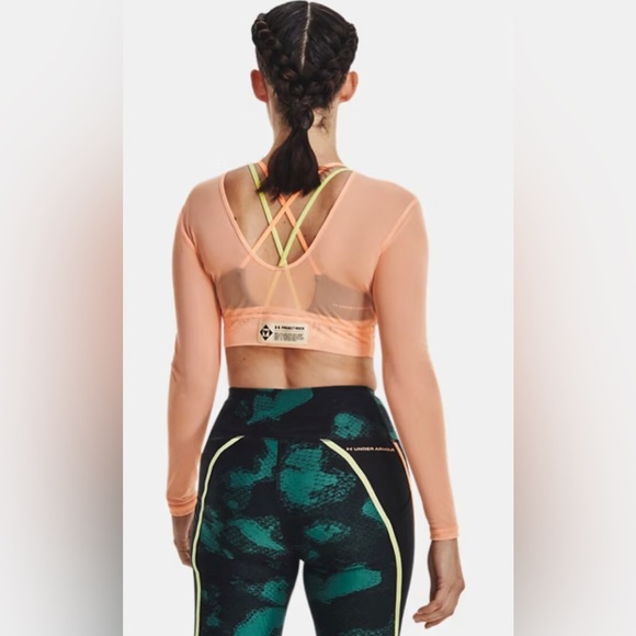 UNDER ARMOUR Project Rock Peach Horizon Black Orange Sheer Mesh crop top size XS - Picture 10 of 10